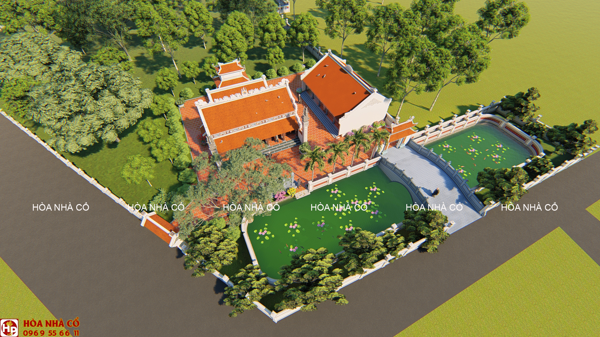 Mẫu thiết kế nhà gỗ 5 gian có hậu cung kết hợp 2 cột đồng trụ